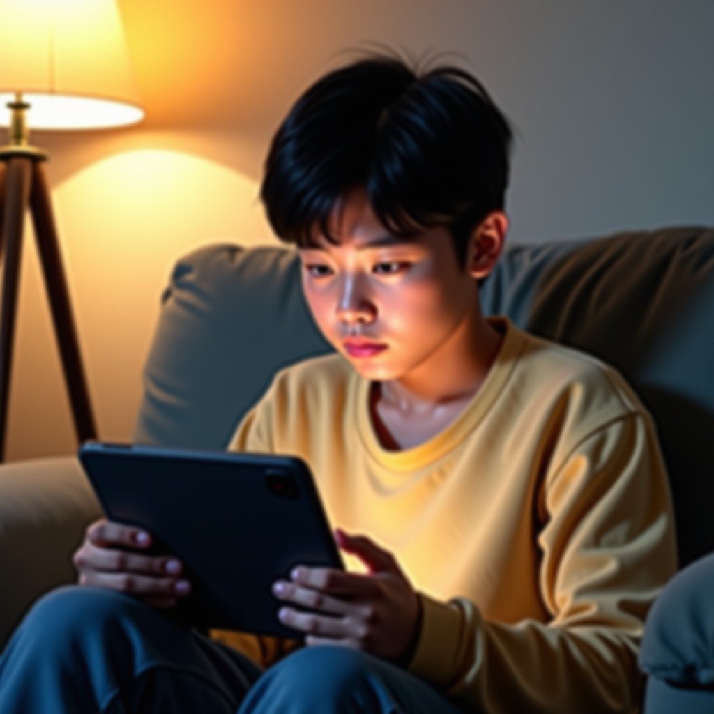 A Korean teenager sitting on a sofa and looking at a tablet screen with a concerned expression, soft living room lighting, blurred background, realistic photography 4:3