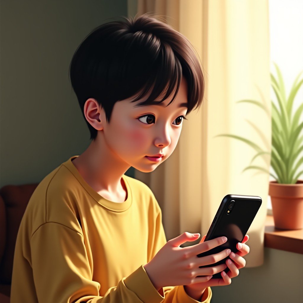 A realistic lifestyle photo of a Korean teenager looking at a smartphone with a thoughtful expression. Natural sunlight coming through a window, a cozy room environment, high quality photography, warm tones, 4:3
