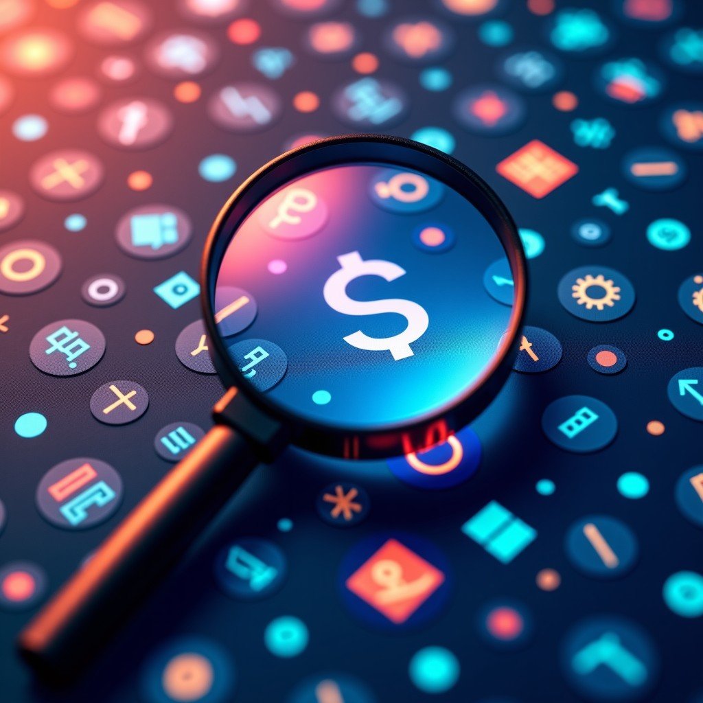 A creative composition of a digital magnifying glass hovering over various app icons and data symbols. Textured background with a mix of vibrant colors. No text in the image. 1:1