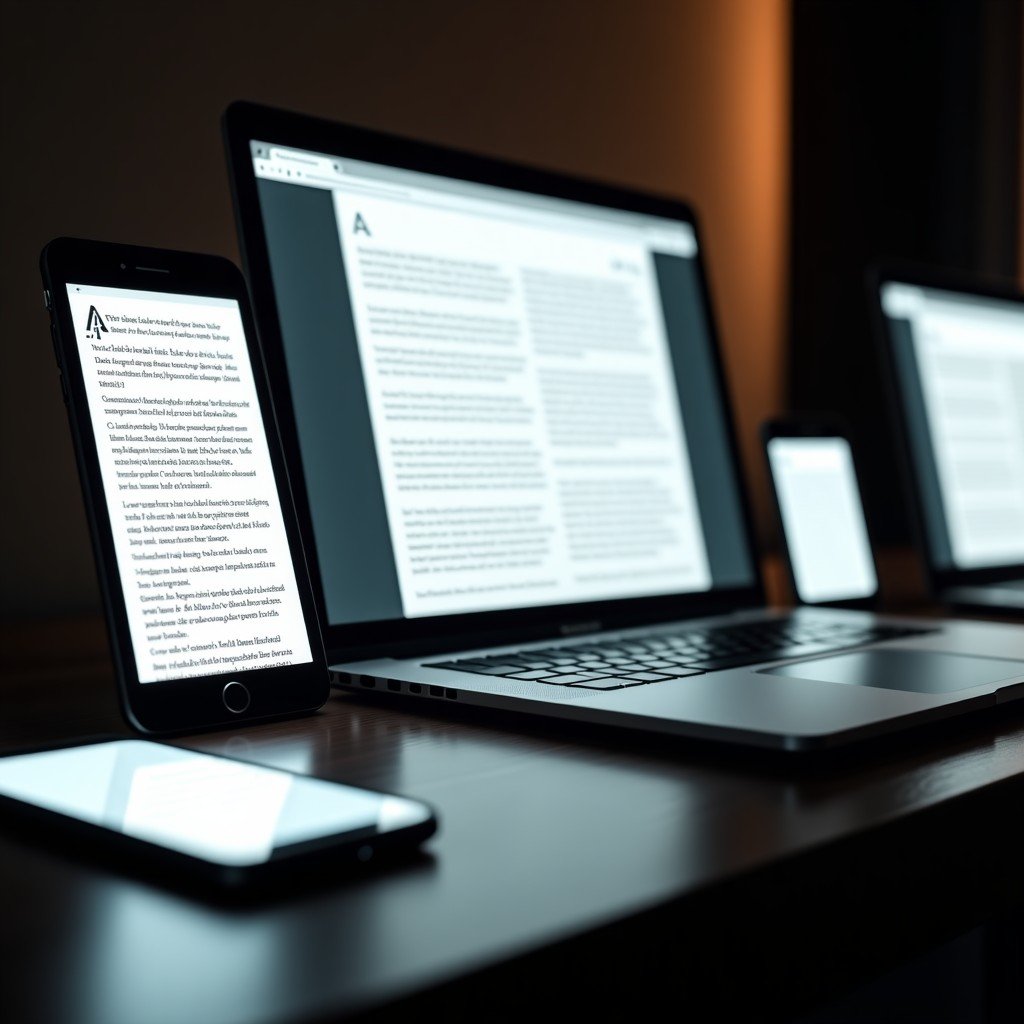 A detailed composition of multiple devices including a tablet, a smartphone, and a laptop on a desk. They all show a synchronized view of a web article with consistent highlights. High contrast, modern technology aesthetic, 4:3