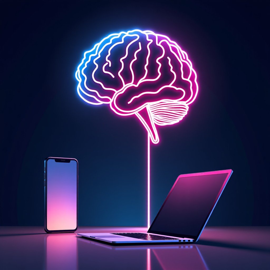 An artistic representation of a digital brain connected to a smartphone and laptop, abstract neon lines, dark background, vibrant colors, 4:3