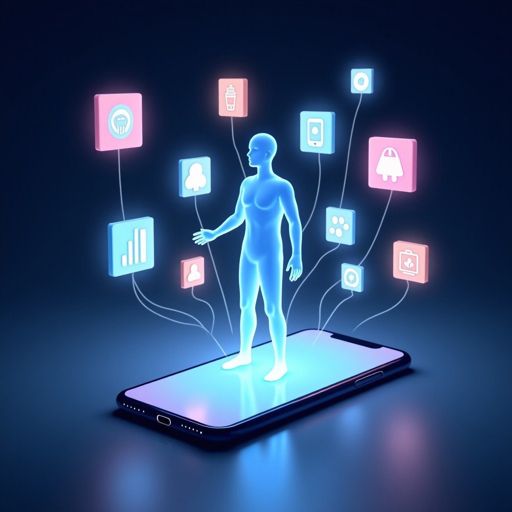 A conceptual illustration of a translucent AI entity interacting with various smartphone app icons and interface elements. The background is a clean, dark gradient. The focus is on the seamless integration of AI and user interface. 4:3