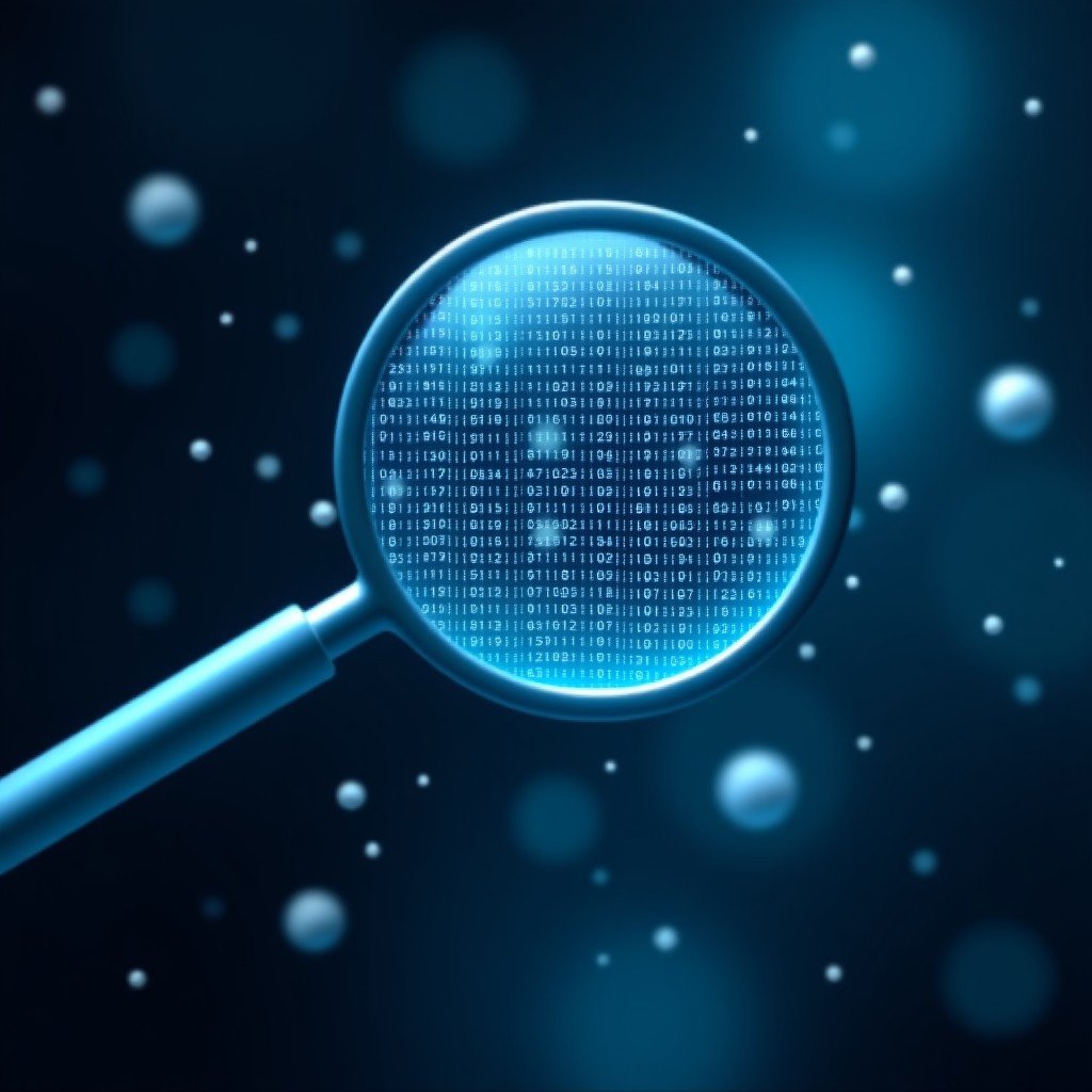 A digital magnifying glass inspecting complex binary data and code floating in space symbolizing fact checking and truth seeking 4:3