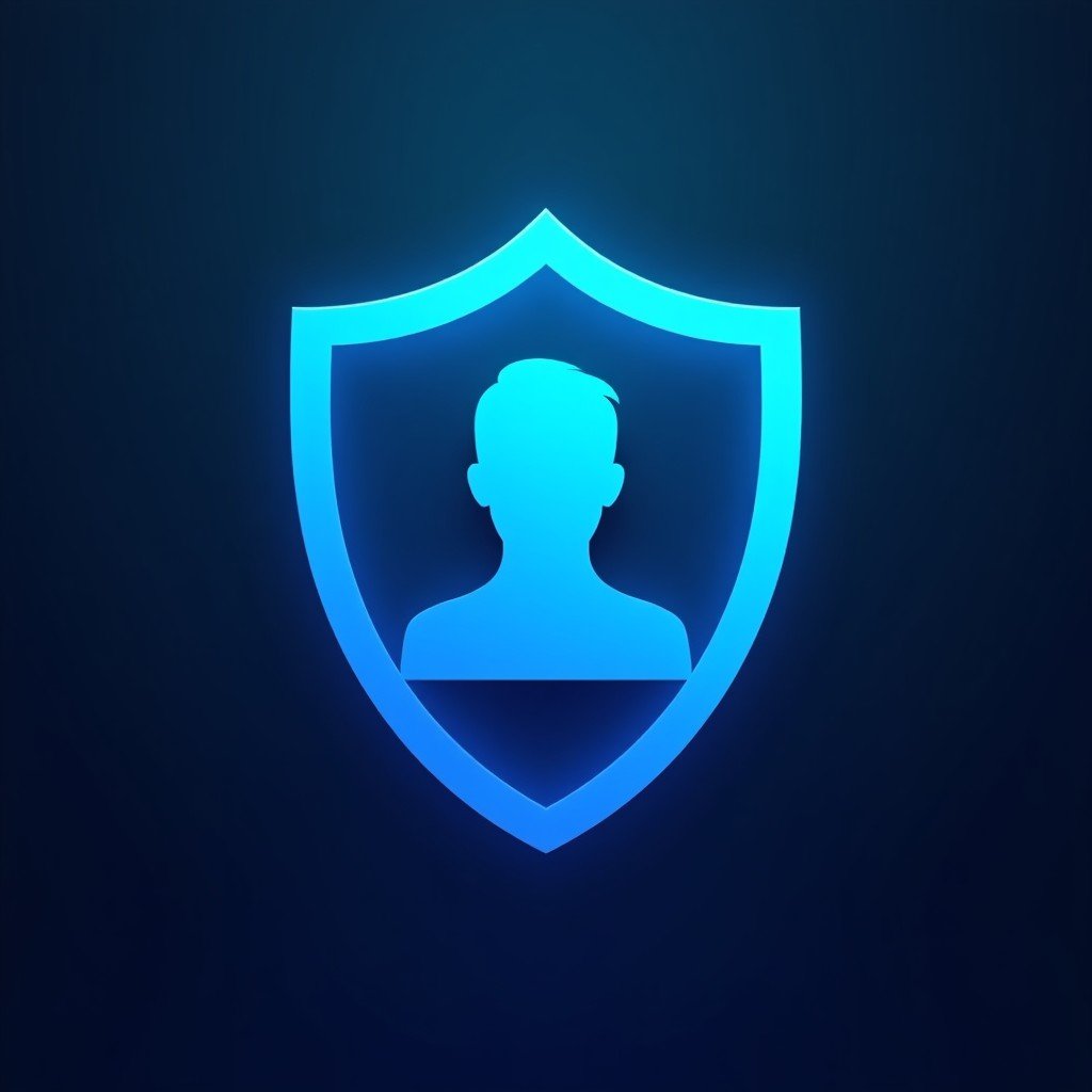 A high-tech digital security shield with a human silhouette icon inside, representing age verification and identity protection. Gradient background. 4:3