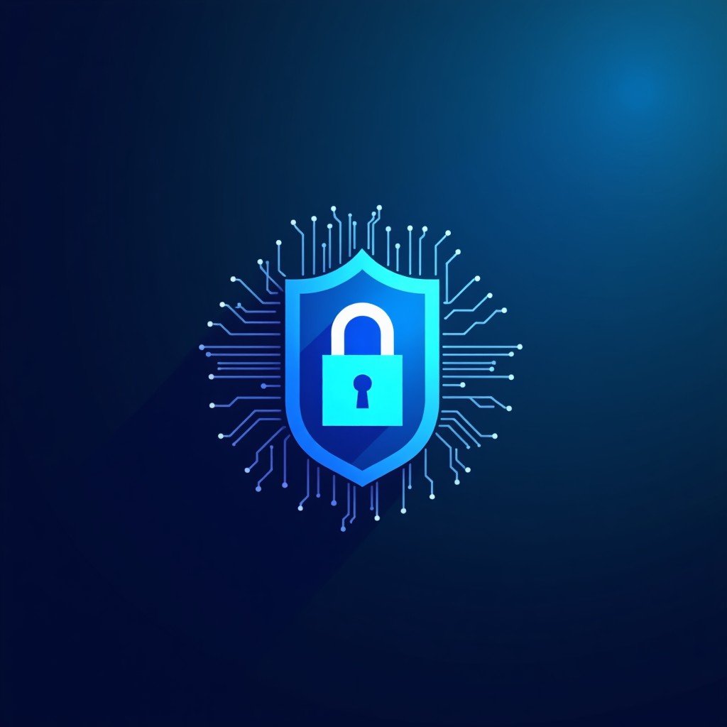 A modern digital security concept featuring a glowing key icon and circuit patterns on a deep blue gradient background, high contrast, clean infographic style, 4:3