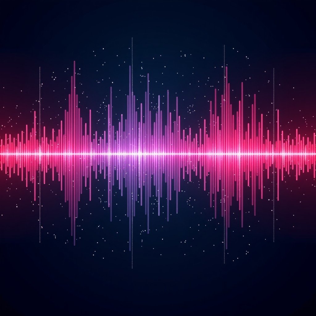 Abstract visualization of sound waves and digital music data, vibrant neon colors on a dark textured background, modern and artistic rendering, 4:3
