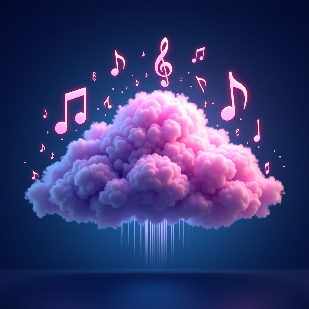 A digital visualization of floating music notes and sound waves merging into a colorful intelligent cloud, vibrant purple and blue colors, artistic rendering, 4:3