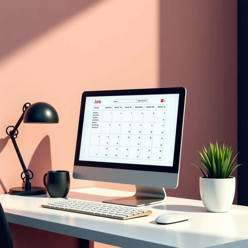A stylish desktop setup with a digital tablet showing a calendar marked with a June event date. Soft aesthetic desk environment, modern tech accessories, clean composition, 4:3