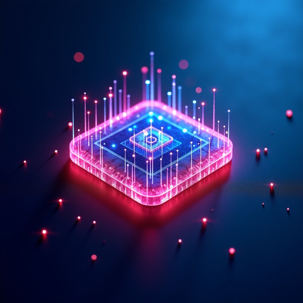 Artistic abstract rendering of glowing digital particles and lines assembling into the shape of a software application icon. Dark textured background with vibrant blue and purple neon lights. 4:3