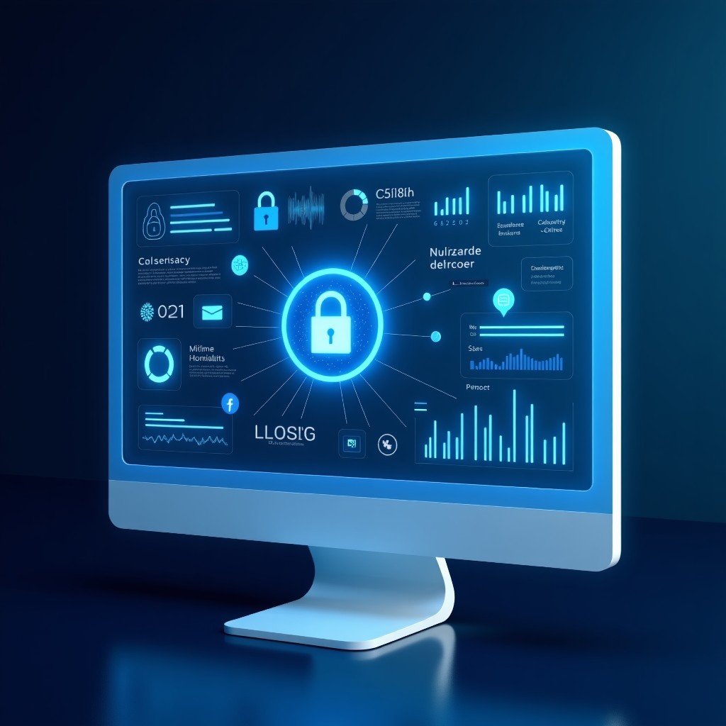 A clean digital dashboard showing various security icons and abstract data visualizations on a high tech screen, cool blue tones, no text, 4:3