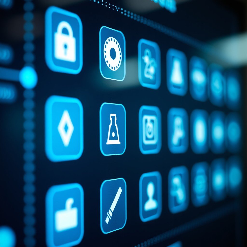 A high-tech digital display showing various app icons being organized in a fair and transparent grid, professional and futuristic atmosphere, bright balanced lighting, 4:3