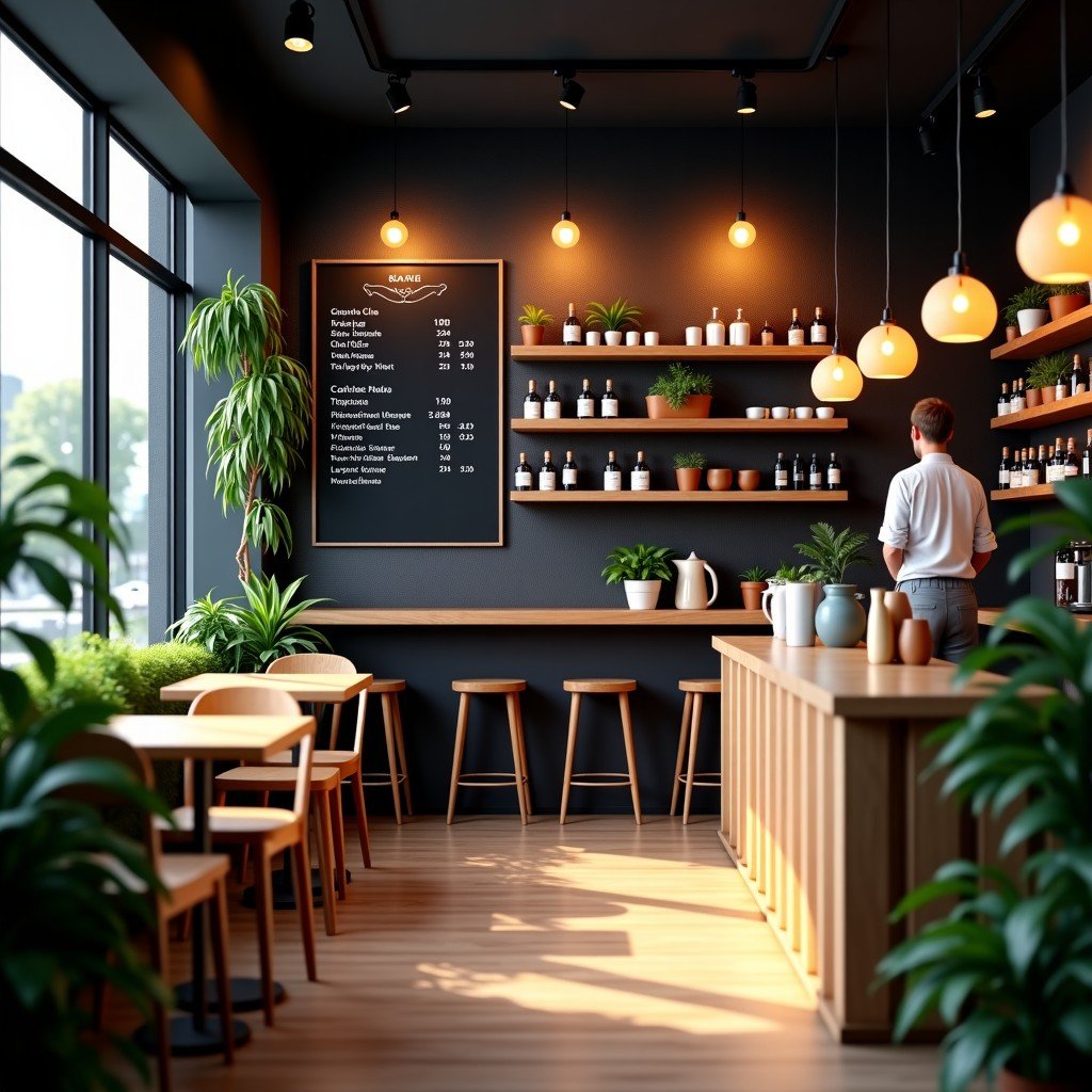 Interior of a cozy modern local cafe with a chalkboard menu, warm lighting, wooden furniture, plants, realistic photography, high contrast, 1:1