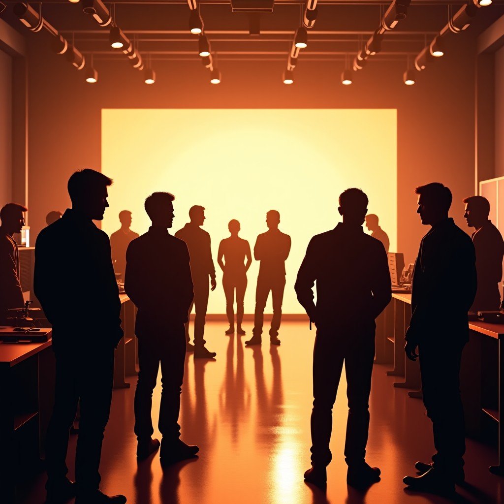 A professional film set environment with diverse production crew members working together, warm ambient lighting, high quality cinematography, realistic style, Humans of Apple TV concept, 4:3