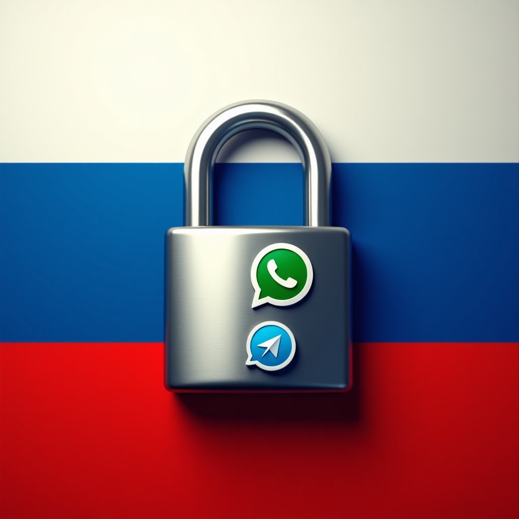 A professional digital illustration featuring the Russian flag colors as a background with a large metallic padlock overlaying social media icons like WhatsApp and Telegram. The atmosphere is serious and restrictive, showing digital signals being cut off. 1:1