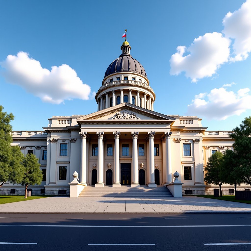A wide realistic shot of the UK Supreme Court building in London under a clear sky, architectural photography, sharp details, high resolution, no text, 4:3