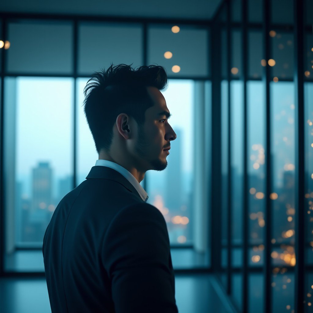 A professional portrait of a tech CEO reflecting deeply in a modern office with glass walls, digital network overlays subtly in the background, cinematic lighting, high resolution, 4:3