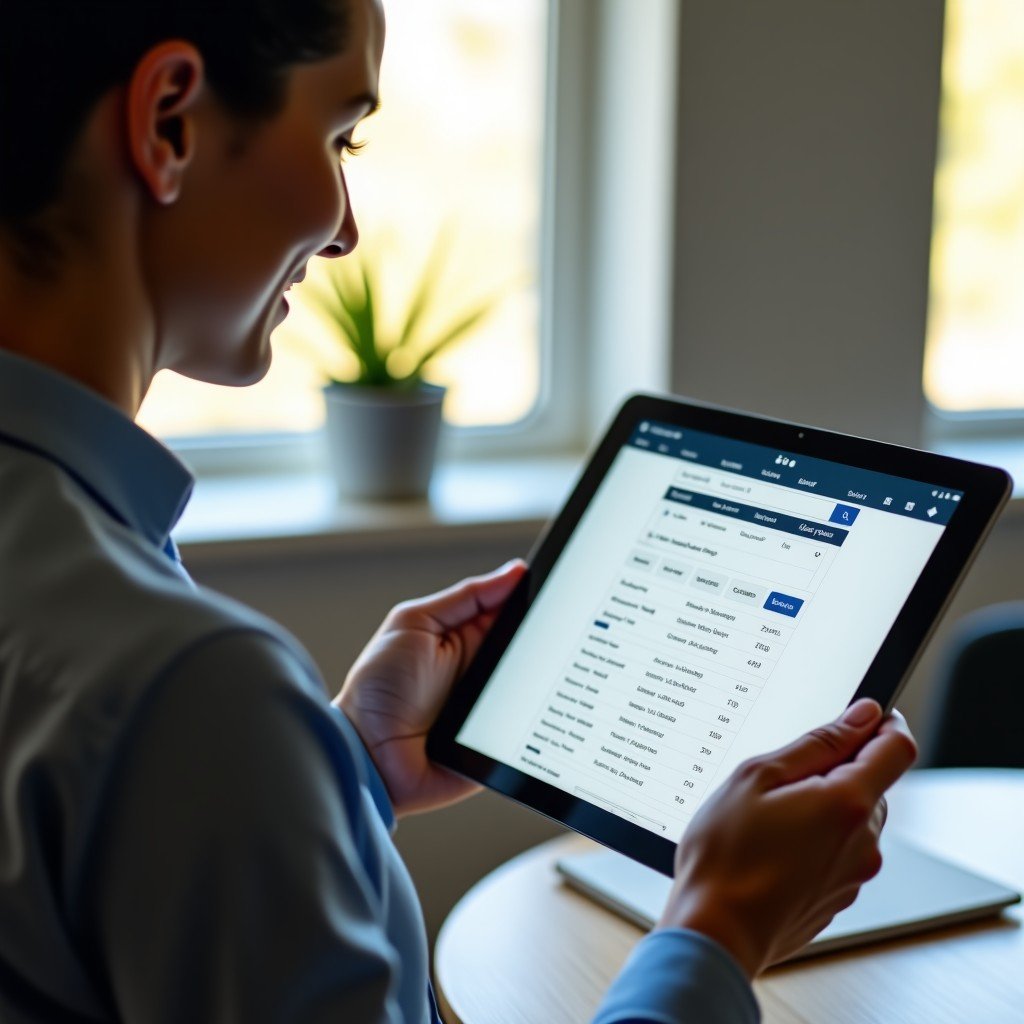 A professional person with a satisfied expression looking at a tablet screen displaying search results and data. The background is a blurred modern home office. Soft natural light. 4:3