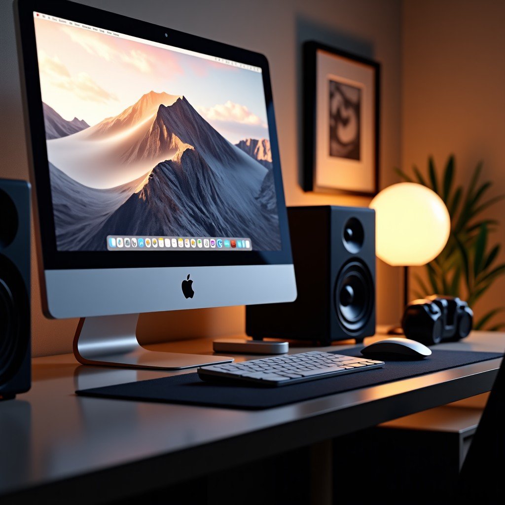 A professional workstation with a Mac Studio and the Apple Studio Display 2. A designer is working on complex 3D rendering. The lighting is warm and natural. Professional studio environment with high-end tech accessories. 4:3