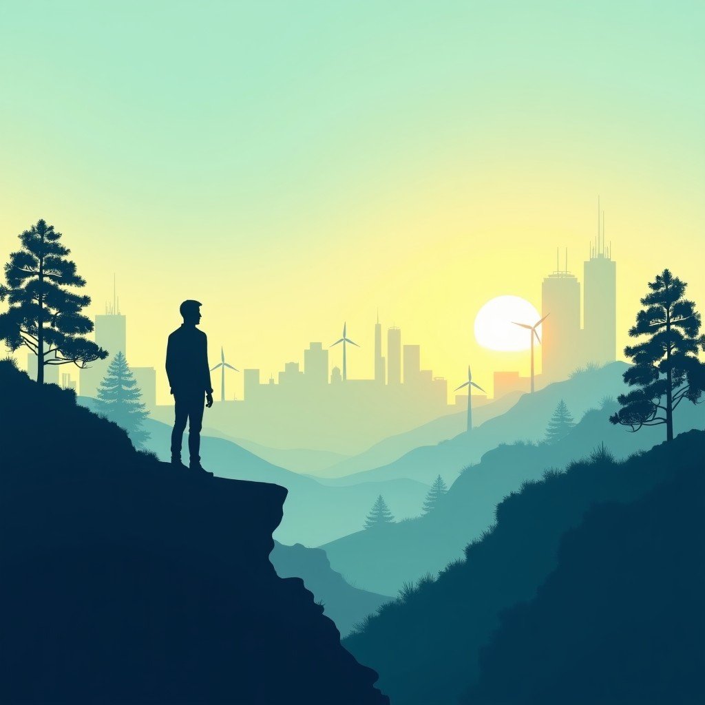 A wide-angle view of a futuristic skyline with eco-friendly architecture and clean energy sources. A person's silhouette is visible in the corner, looking toward the horizon. The image represents vision and the future. Soft blue and gold tones, 4:3 aspect ratio, no text.