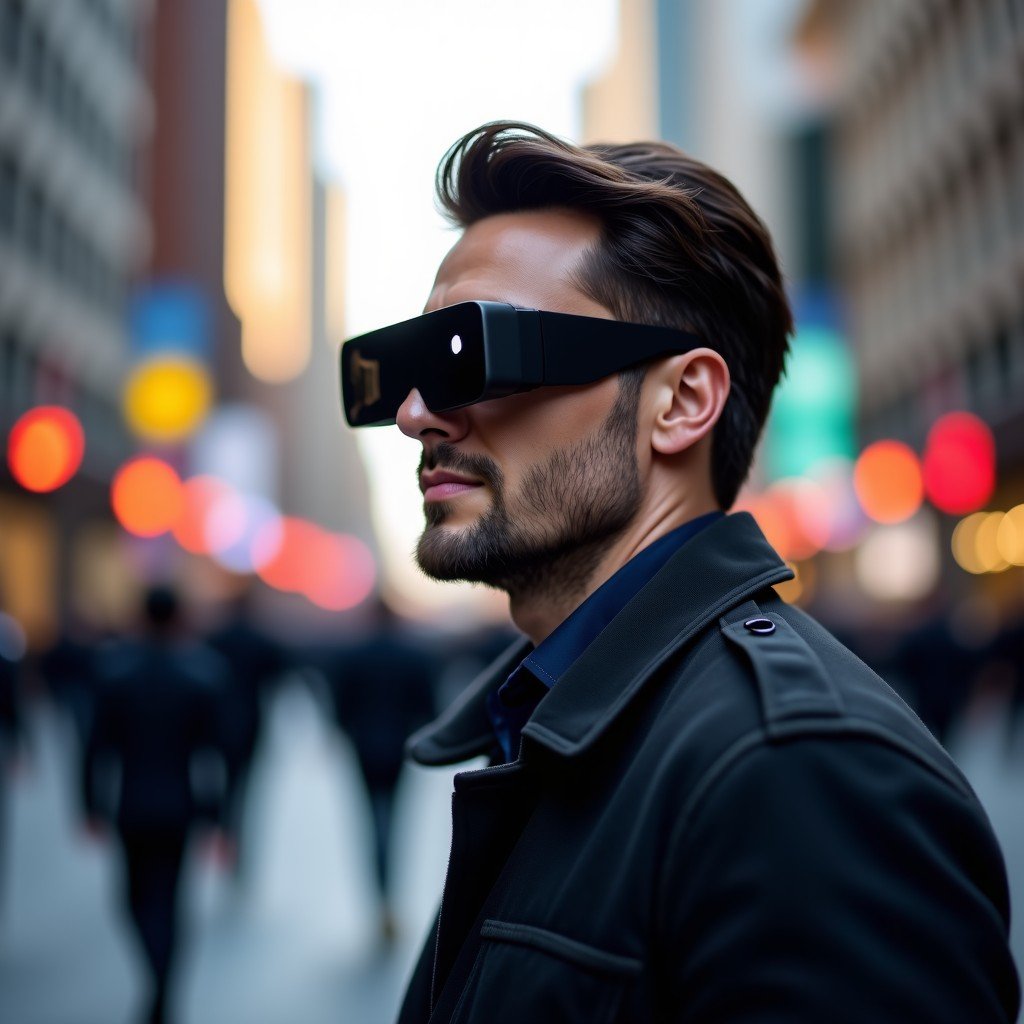 A stylish person wearing modern black smart glasses walking in a busy city street. Small glowing lens on the glasses. High-end lifestyle photography, natural daylight, urban background. 4:3
