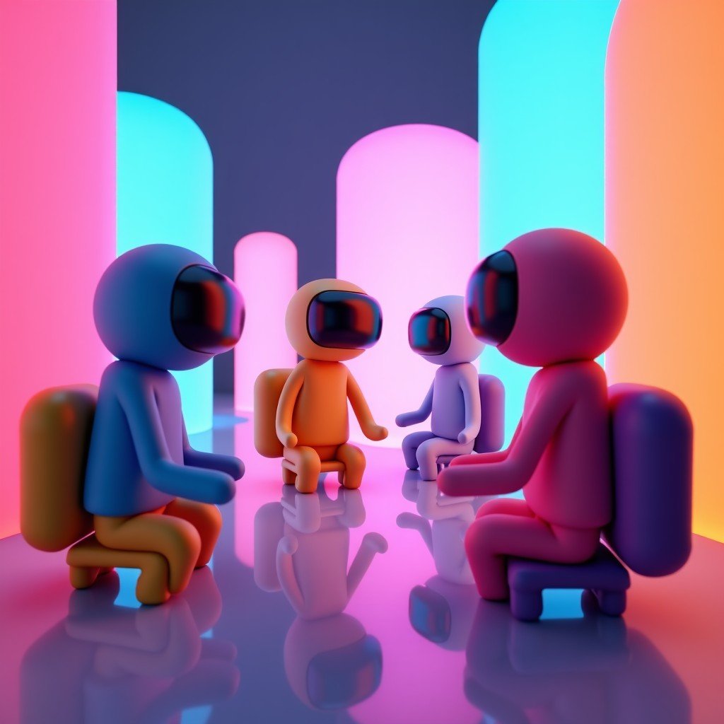 Vibrant and colorful digital characters interacting in a stylized 3D virtual world, neon lights, metaverse theme, creative and energetic composition, 4:3