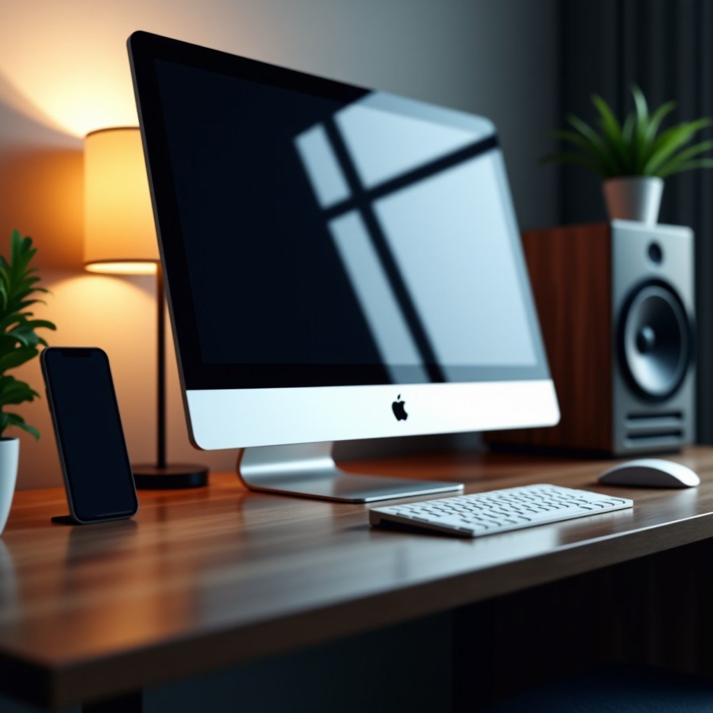 A high-end professional desk setup featuring a sleek silver compact desktop computer resembling a Mac Studio. The desk is made of dark wood, with a minimalist aesthetic, high-quality peripherals, and soft ambient lighting in a modern office. 4:3