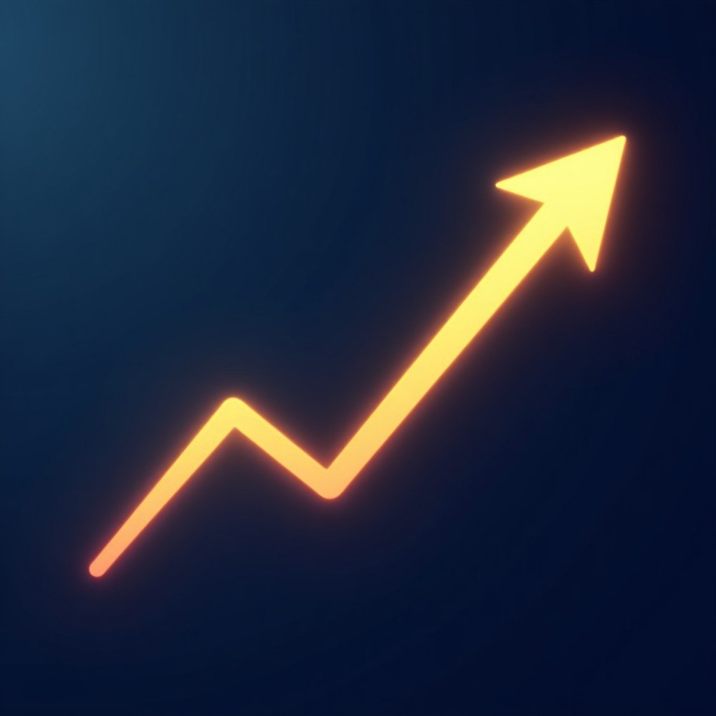 A professional digital illustration of two glowing lines on a dark blue background, one rising golden line for revenue and one falling silver line for downloads, clean infographic style, 4:3