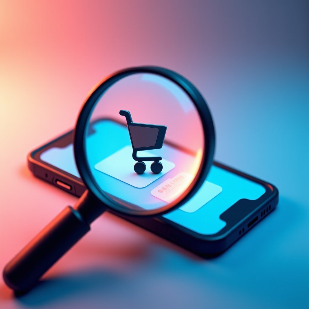 A digital magnifying glass hovering over a mobile app screen focusing on a tiny shopping cart icon. The icon is rendered with sharp detail while the surrounding interface is slightly blurred. Informational infographic style with vibrant colors. 4:3