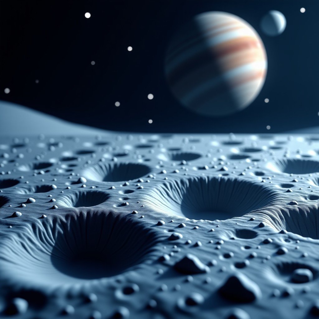 Close-up realistic view of a moon surface with jagged rocks and glowing ice crystals, Jupiter visible in the dark starry sky background, cinematic lighting, 4:3