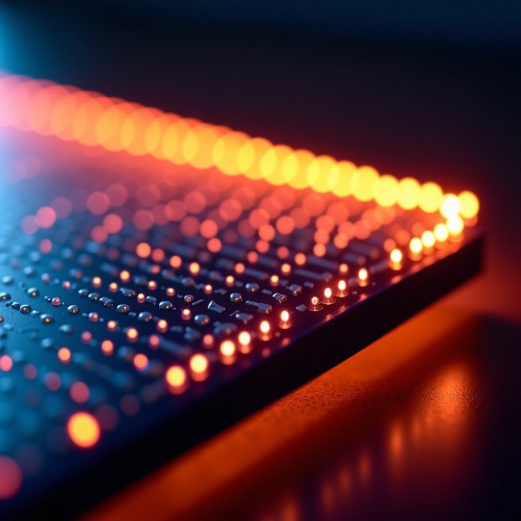 Close-up of a high-tech LCD panel showing mini-LED backlighting structure. Glowing small light zones behind a screen displaying deep blacks and bright highlights. Visual representation of HDR technology. High contrast and cinematic lighting. 4:3