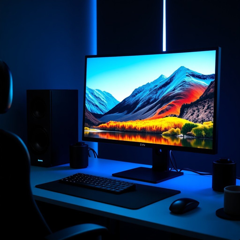 A professional workstation with a large 27-inch high-end computer monitor showing a vibrant landscape image with deep blacks and bright highlights. Dark studio environment with subtle blue backlighting. 4:3