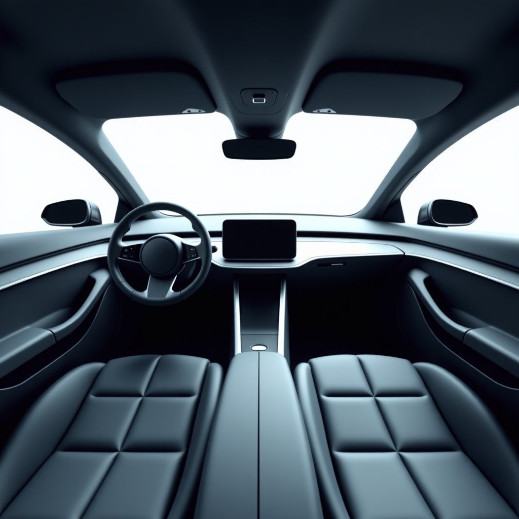 A futuristic and minimalist electric car cockpit interior with a focus on clean lines and high-end materials, soft ambient lighting, high contrast, 4:3