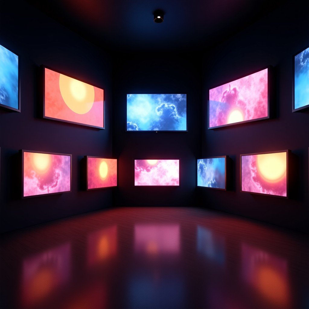 A dark moody room with multiple television screens displaying abstract patterns, artistic style, warm glow, visually rich, 4:3