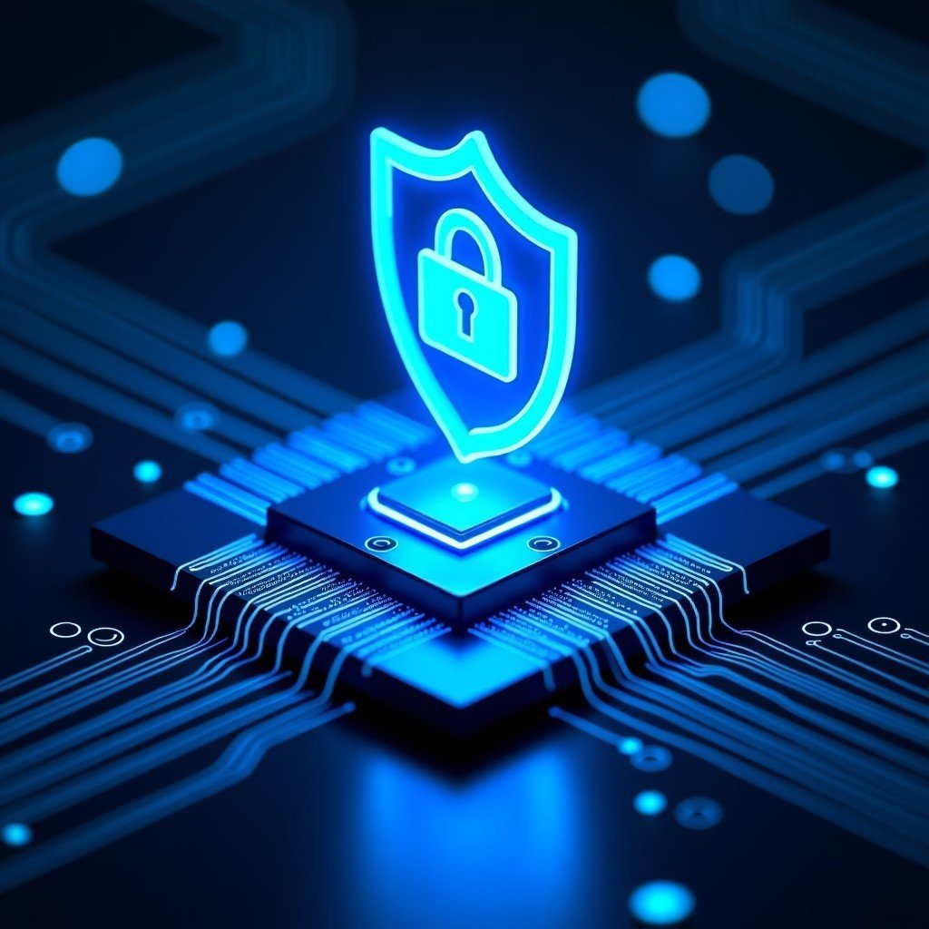 A conceptual image of a microchip integrated with a digital shield and security symbols, blue neon lighting, futuristic and professional look, 4:3