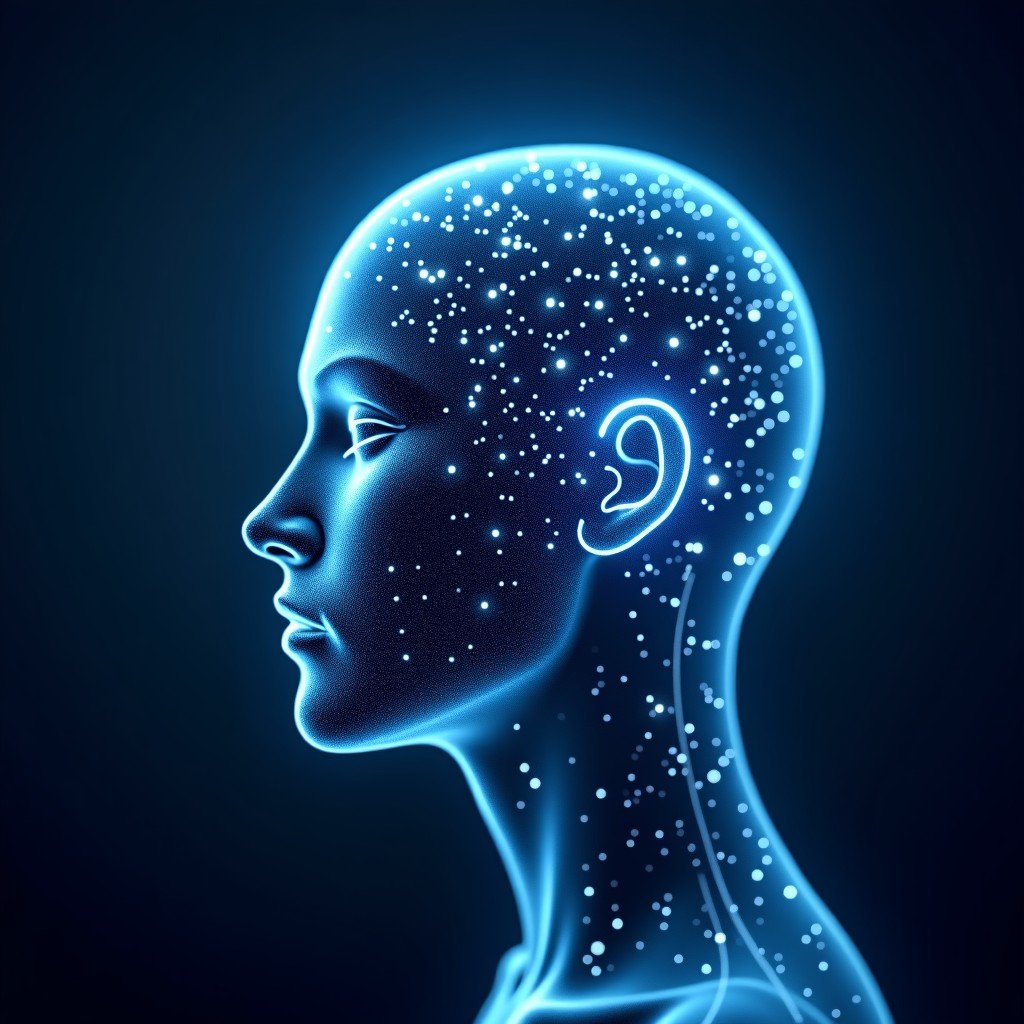 An abstract and artistic representation of human thoughts connecting with digital neural networks. Glowing lines of light, deep blue background, sophisticated and high-tech feel, 4:3