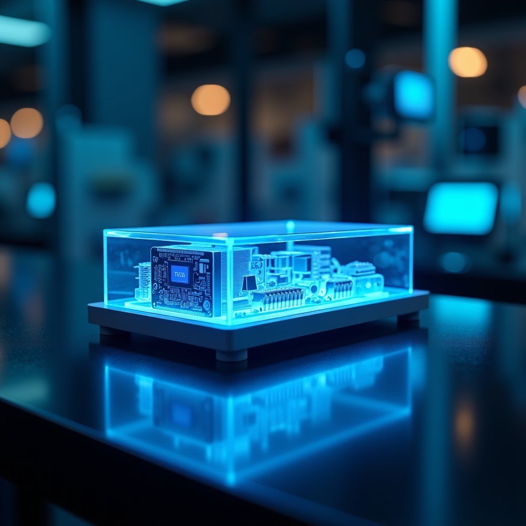 A conceptual and realistic close-up shot of a modern glass-clad electronic device with internal circuits glowing faintly with blue light. The background is a dark, sophisticated tech lab environment with soft focus on laboratory equipment. The image conveys high-tech innovation and precision. 4:3
