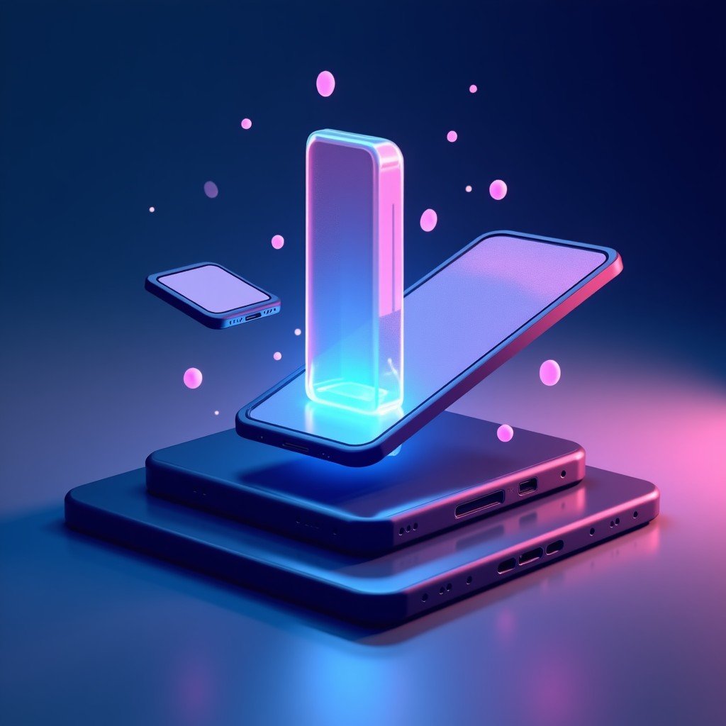 An artistic rendering of futuristic mobile technology with floating interface elements, deep blue and purple gradient background, sleek and professional 1:1
