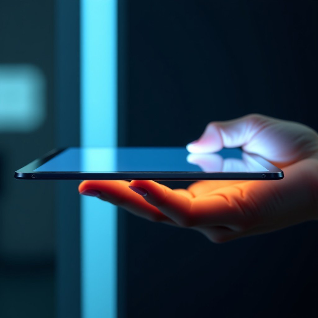 Close-up shot of an extremely thin futuristic tablet device being held by a hand, side profile view to emphasize the thinness, glowing screen reflected on the surface, professional high-tech lighting. 4:3