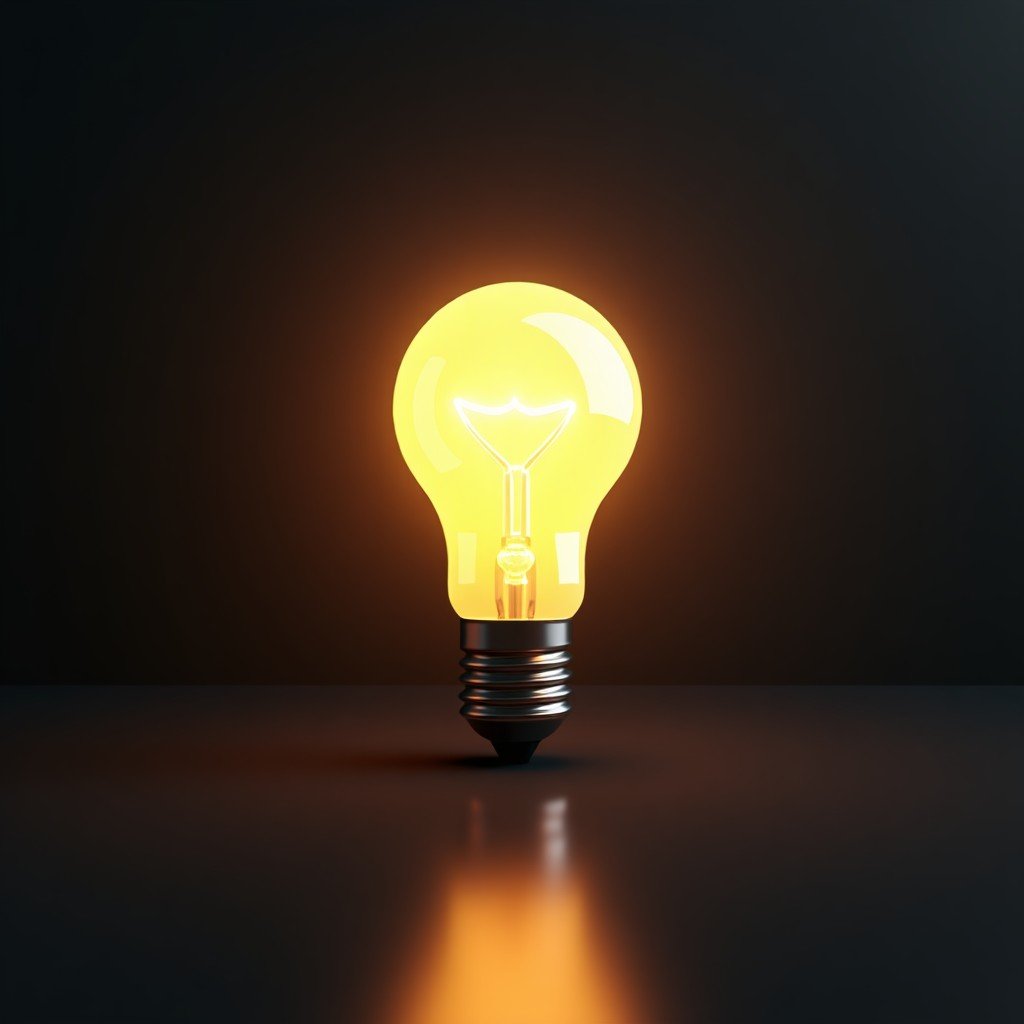 A symbolic representation of a glowing light bulb or a spark of energy in a dark modern space representing a brilliant idea. Minimalist and high-tech aesthetic. 1:1