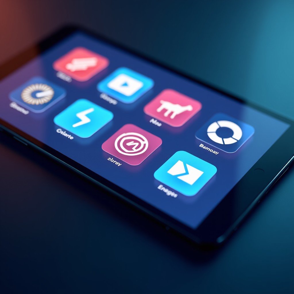 A futuristic digital interface on a high-tech tablet showing a variety of clean and modern app icons. The composition is sleek and focused on a high-end user interface design. 4:3