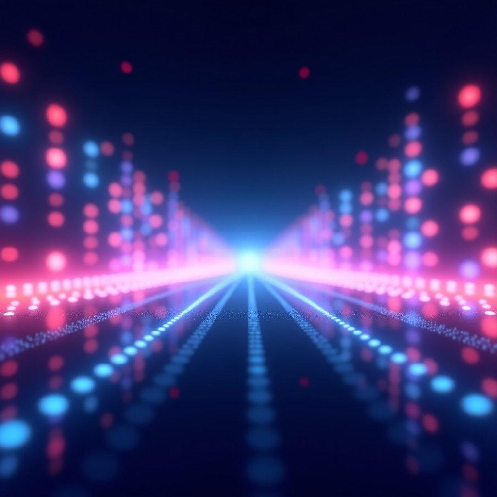 An abstract and artistic representation of fast moving light particles forming a screen surface. High-tech, futuristic neon glow, deep blue and purple background, 4:3.