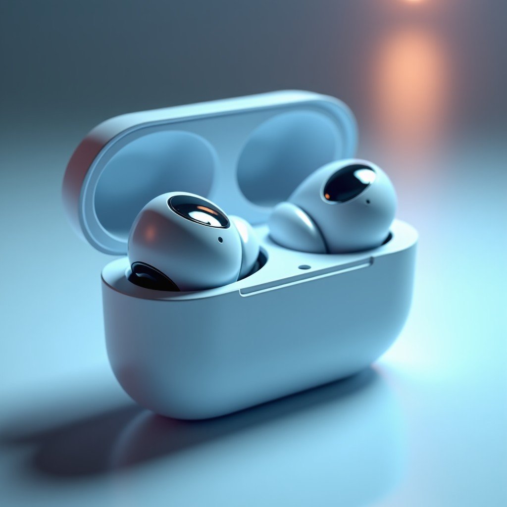 Cinematic close-up shot of futuristic white wireless earbuds with subtle infrared camera lenses embedded, glowing soft blue light, floating in a clean tech-focused environment, high resolution, 4:3