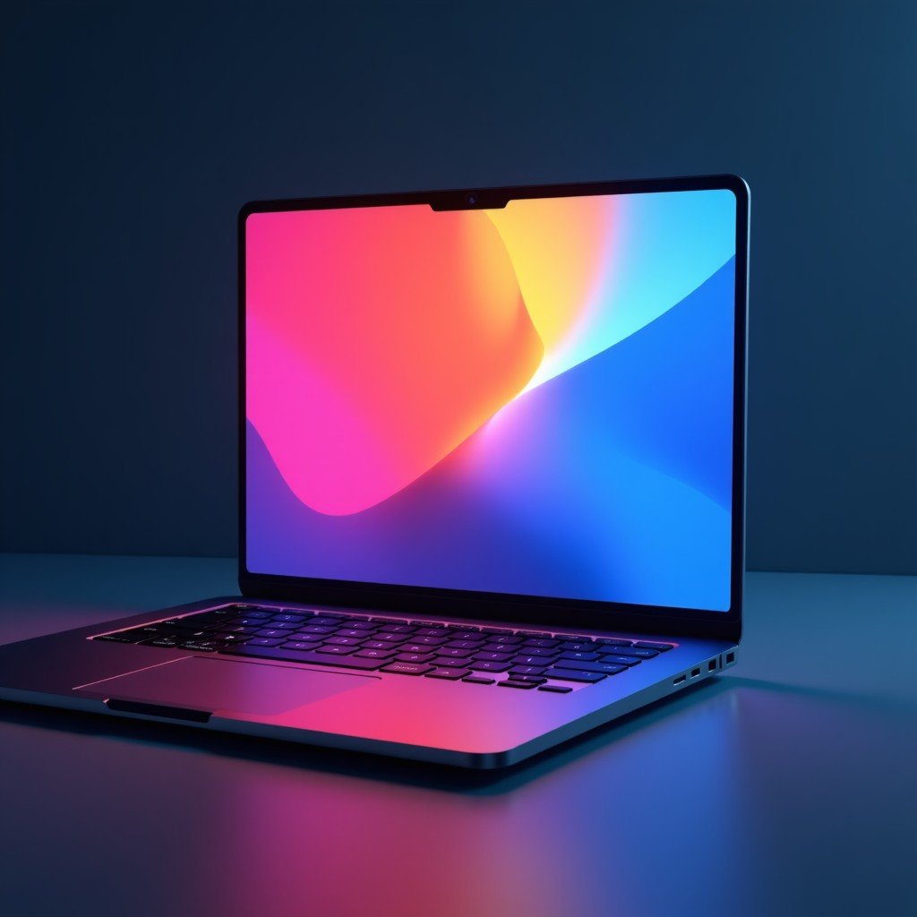 A detailed view of a futuristic ultra-slim laptop screen with vibrant colors and minimal bezels showing a creative interface. 4:3