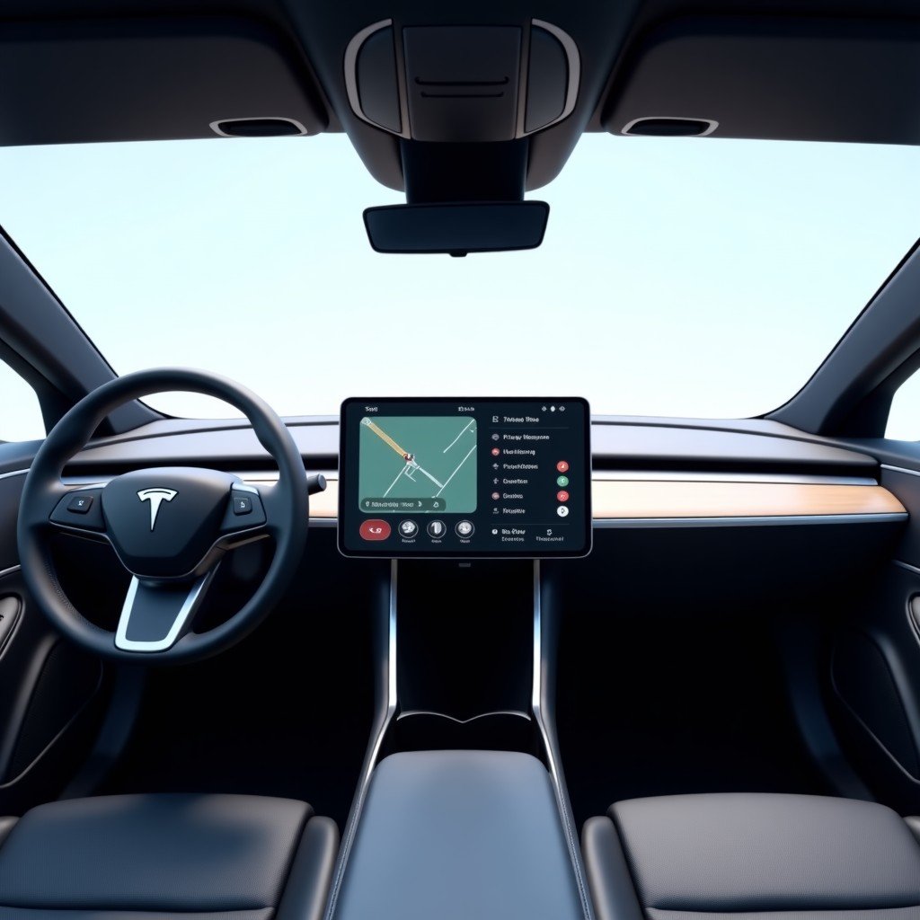 Interior of a modern luxury electric vehicle with a wide digital dashboard showing a futuristic Apple CarPlay interface. Maps and music widgets visible, elegant dashboard materials, cinematic lighting, 4:3