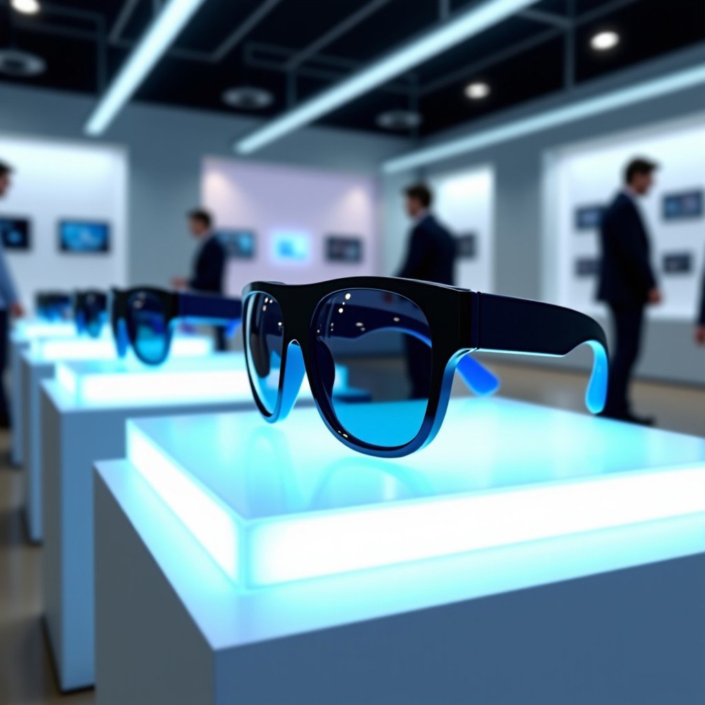 A futuristic retail display showing high-end smart glasses with glass pedestals and soft ambient lighting. The background is a modern tech store interior. Clean and bright atmosphere, 4:3
