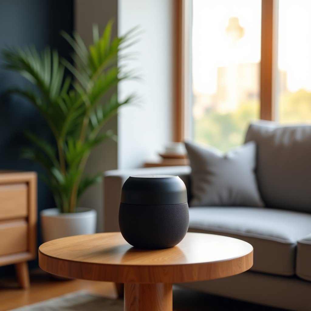 A sleek and minimalist smart speaker designed with a modern aesthetic, placed on a high-end wooden side table in a bright contemporary living room with soft natural lighting, professional photography, cinematic composition, 4:3