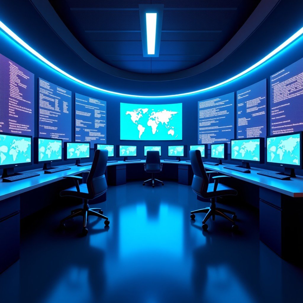 Cinematic shot of a futuristic digital security control room with blue and purple ambient lighting, high-tech monitors displaying global network traffic, no text, 4:3