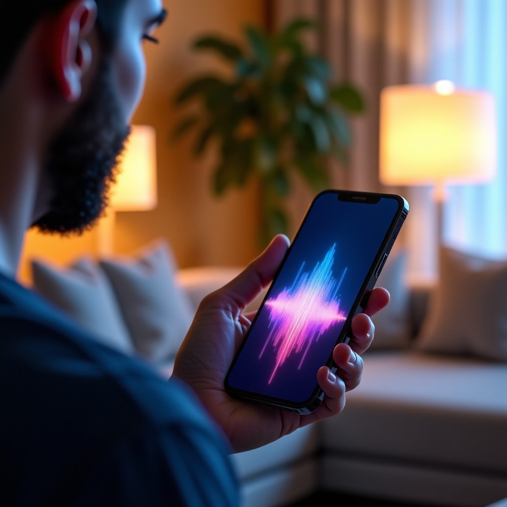 A person holding a futuristic smartphone with glowing voice wave visualizations on the screen, soft ambient lighting in a modern living room, high-quality digital photography, 4:3