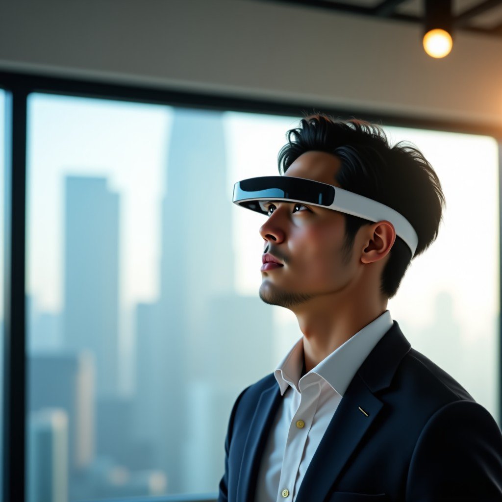 A Korean man wearing sleek and minimal smart glasses, looking at a virtual map projected in the air. Natural expression, modern office background, soft sunlight. 1:1