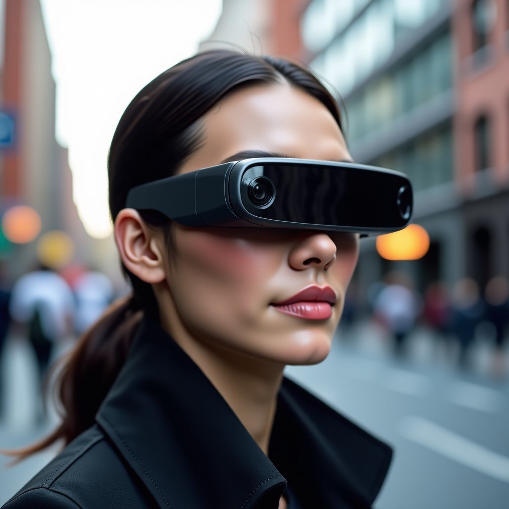 A futuristic person wearing sleek minimalist smart glasses with subtle camera lenses on the frame, urban street background, soft natural daylight, high-end lifestyle photography style, 4:3
